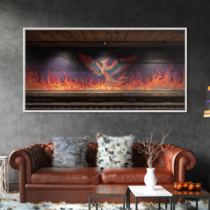 Fiery Phoenix Graffiti In Subway Tunnel Wall Art, Urban Street Art Canvas Print, Bold Industrial Decor, Modern Home Gift