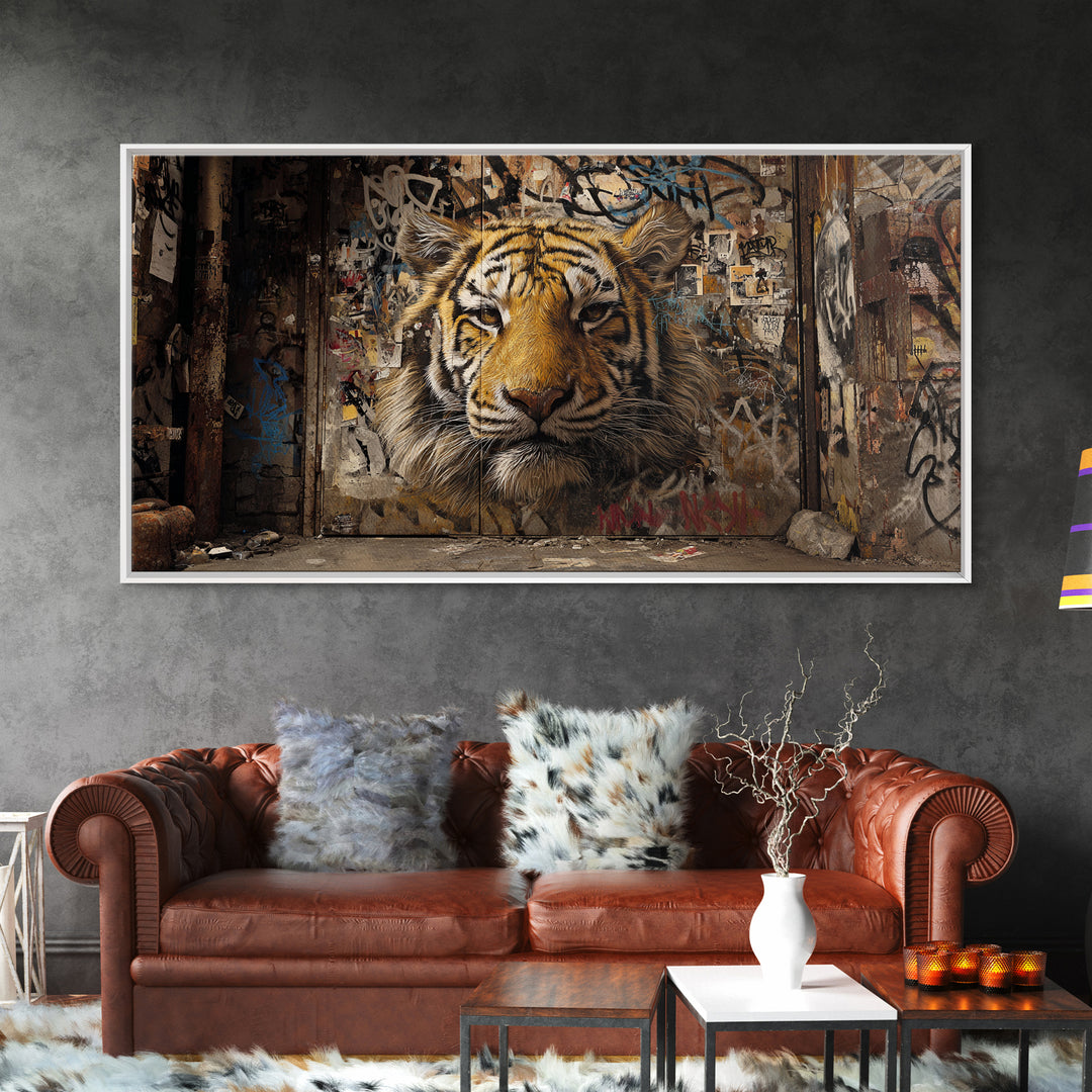 Urban Tiger Mural On Weathered Alley Wall Art, Graffiti Street Art Canvas Print, Big Cat Animal Wall Decor, Modern Home Decor