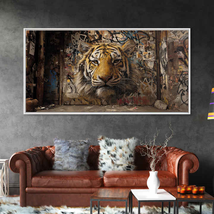 Urban Tiger Mural On Weathered Alley Wall Art, Graffiti Street Art Canvas Print, Big Cat Animal Wall Decor, Modern Home Decor