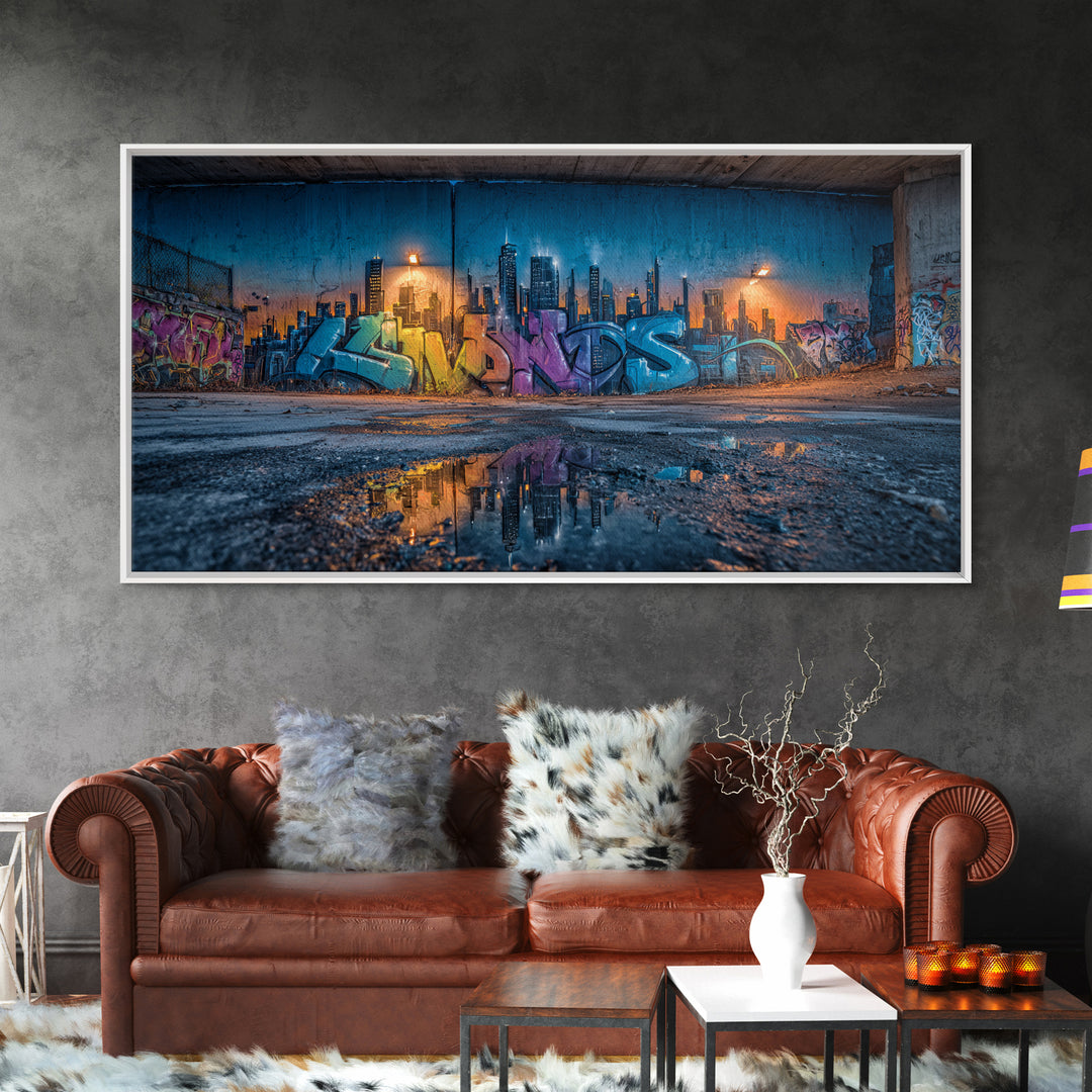 Rainy Urban Graffiti Skyline Wall Art, Street Art Canvas Print, Cyberpunk City Decor, Industrial Office Wall Decor, Modern Home Decor