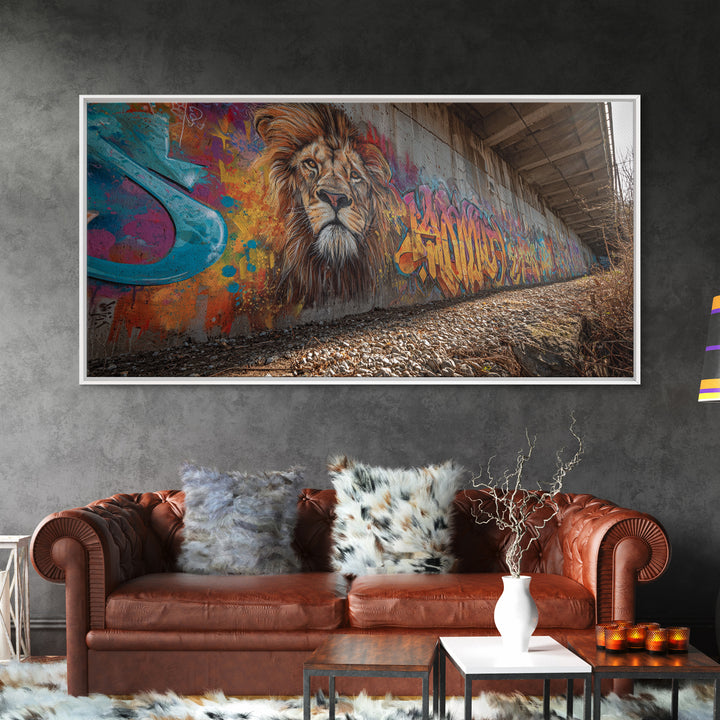 Lion Graffiti Underpass Canvas Print, Urban Street Art Wall Art, Colorful Wildlife Decor, Big Cat Mural Photography Print