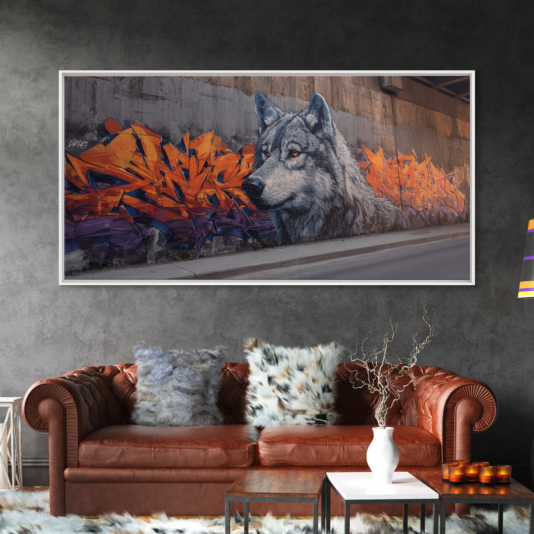 Gray Wolf Graffiti Mural Wall Art, Wildlife Street Canvas Print, Orange Urban Decor, Wolf Lover Gift, Modern Loft Apartment