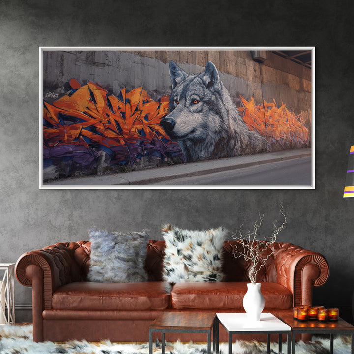 Gray Wolf Graffiti Mural Wall Art, Wildlife Street Canvas Print, Orange Urban Decor, Wolf Lover Gift, Modern Loft Apartment
