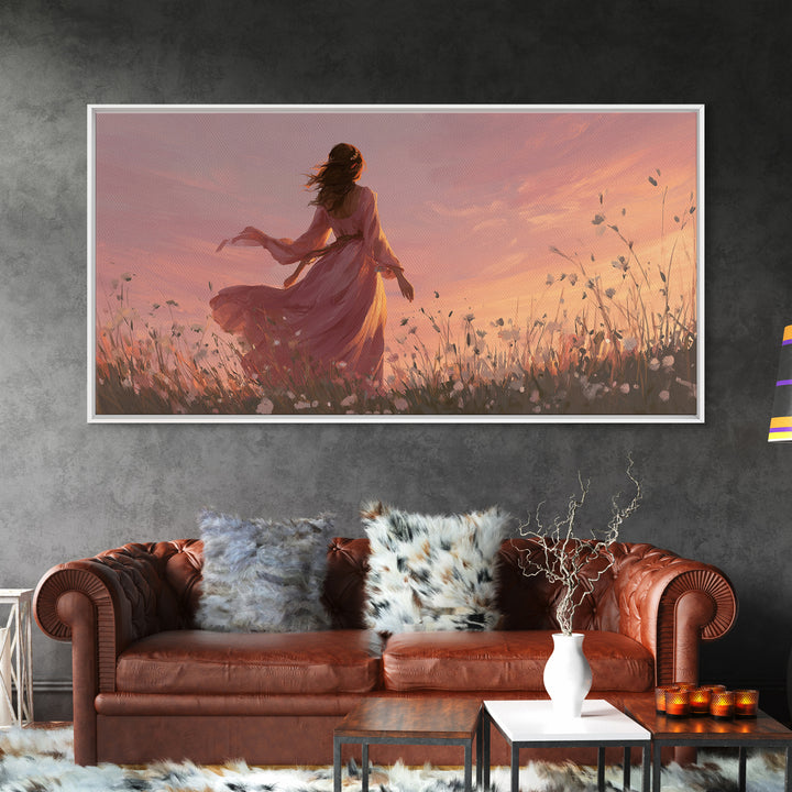 Woman In Pink Dress Sunset Meadow Canvas Print, Romantic Wall Art, Feminine Floral Decor, Dreamy Bedroom Living Room Art Gift For Her