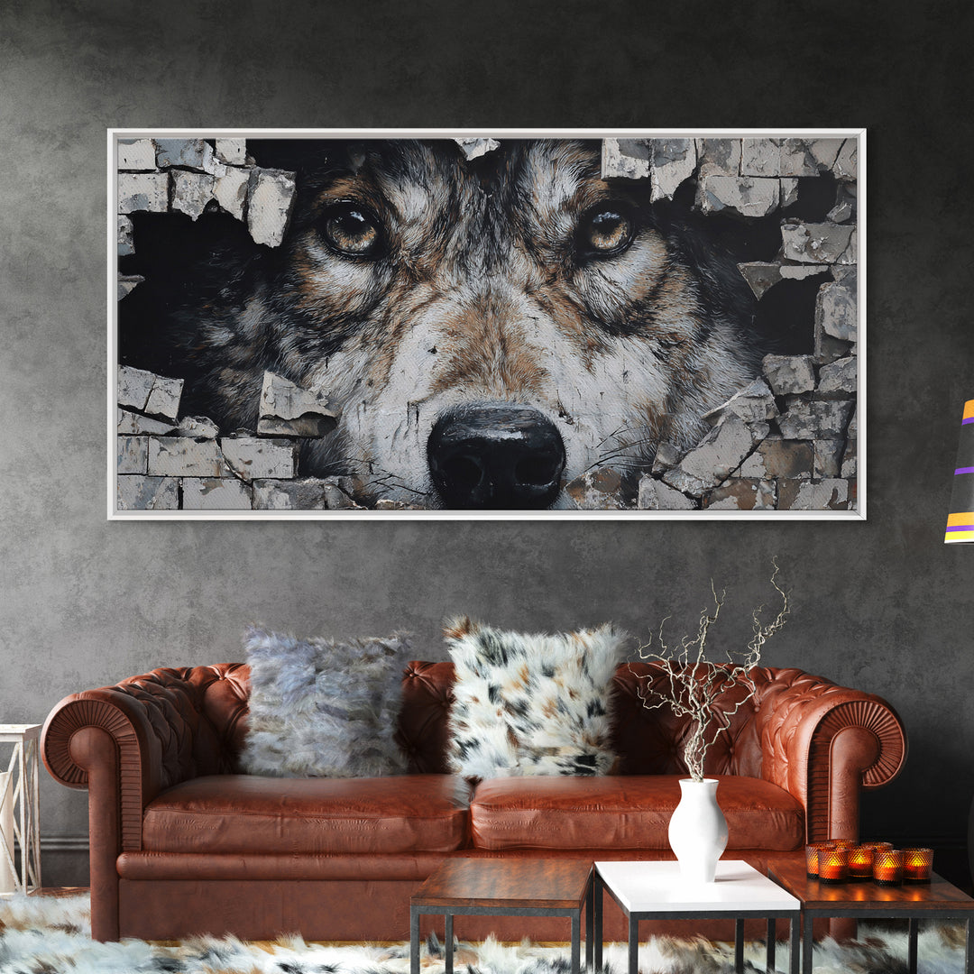 Wolf Dog Peeking Through Brick Wall Art, Rustic Animal Canvas Print, Wildlife Decor, Pet Lover Gift For Cabin Or Office Decor