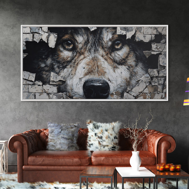 Wolf Dog Peeking Through Brick Wall Art, Rustic Animal Canvas Print, Wildlife Decor, Pet Lover Gift For Cabin Or Office Decor