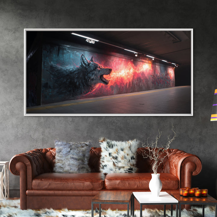 Howling Wolf Graffiti Tunnel Mural Wall Art, Urban Street Art Print, Dark Fantasy Decor, Edgy Man Cave Canvas For Living Room Decor