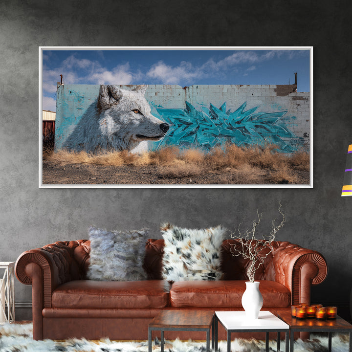 White Wolf Graffiti Mural On Weathered Wall Art, Urban Wildlife Canvas Print, Southwestern Street Decor, Animal Lover Gift