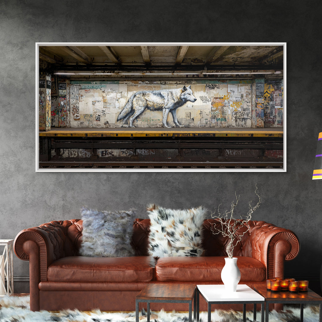White Wolf Subway Graffiti Wall Art, Urban Animal Canvas Print, Gritty Street Art For Loft Office And Man Cave Decor Gift