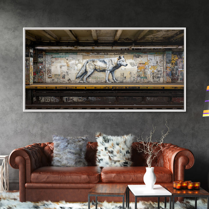 White Wolf Subway Graffiti Wall Art, Urban Animal Canvas Print, Gritty Street Art For Loft Office And Man Cave Decor Gift