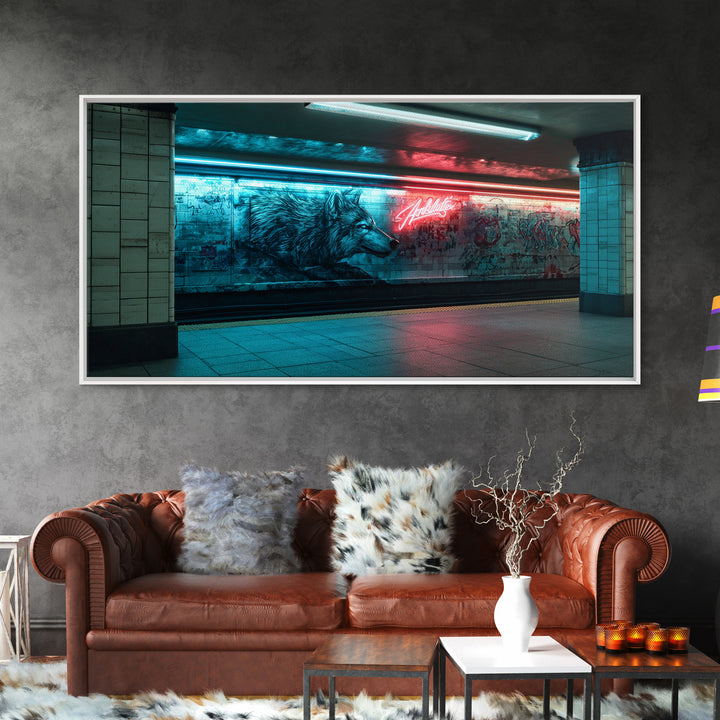 Neon Wolf Mural In Subway Station Wall Art, Urban Animal Street Art Print, Blue Red Graffiti Decor For Modern Loft Home Decor