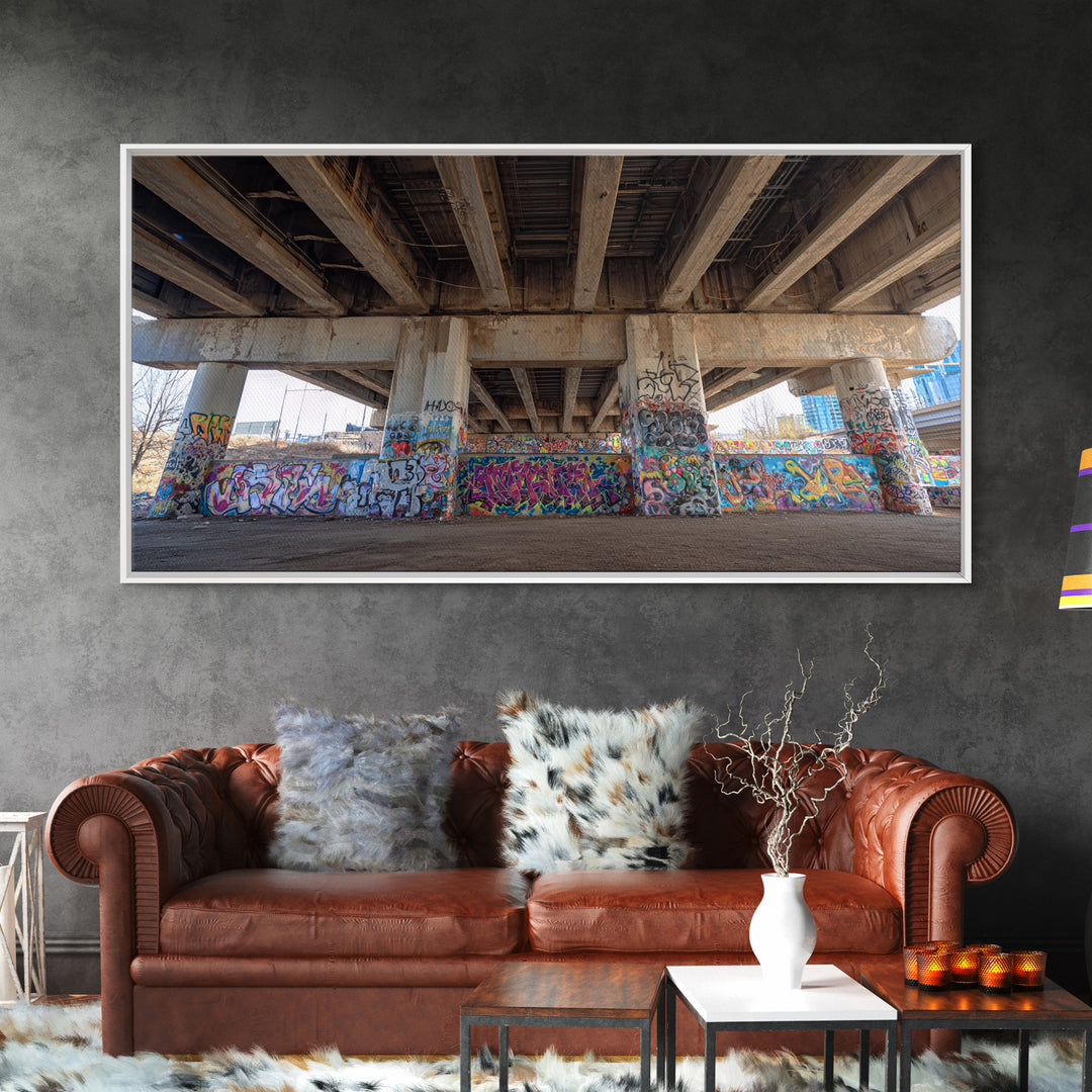 Colorful Graffiti Under Urban Bridge Wall Art, Street Art Photography Print, Modern Office Decor, Industrial City Poster