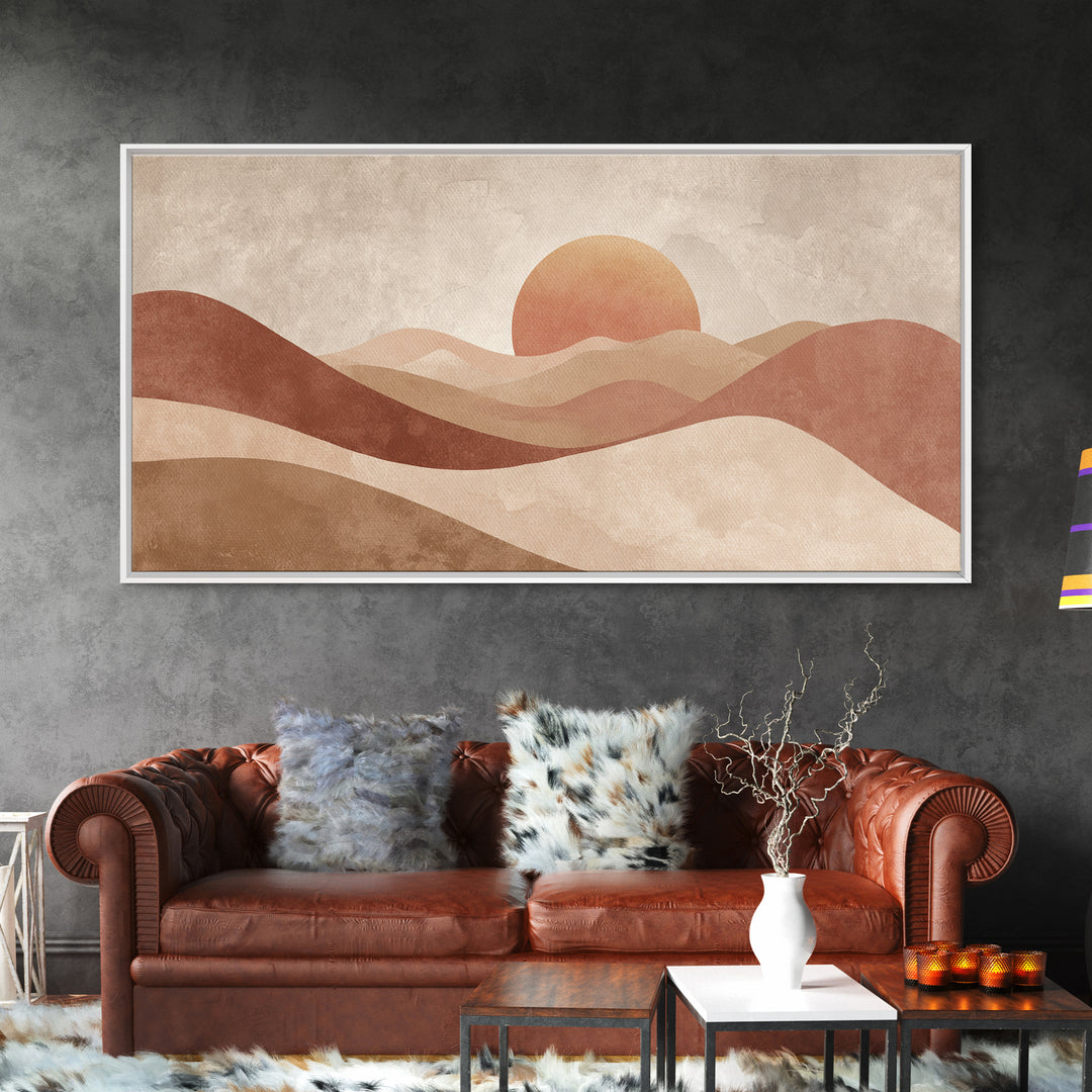 Minimalist Desert Sun And Dunes Canvas Print, Earth Tone Wall Art, Neutral Landscape Decor, Large Boho Living Room Art Print