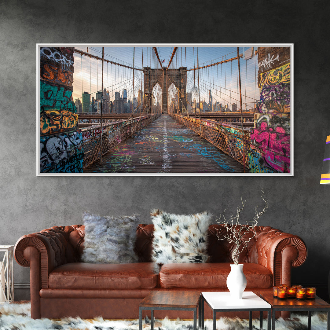 Brooklyn Bridge Graffiti Wall Art, New York City Canvas Print, Urban Street Art Decor, Industrial Loft Travel Poster Print