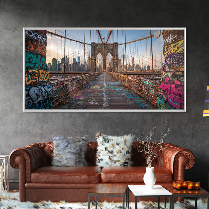 Brooklyn Bridge Graffiti Wall Art, New York City Canvas Print, Urban Street Art Decor, Industrial Loft Travel Poster Print