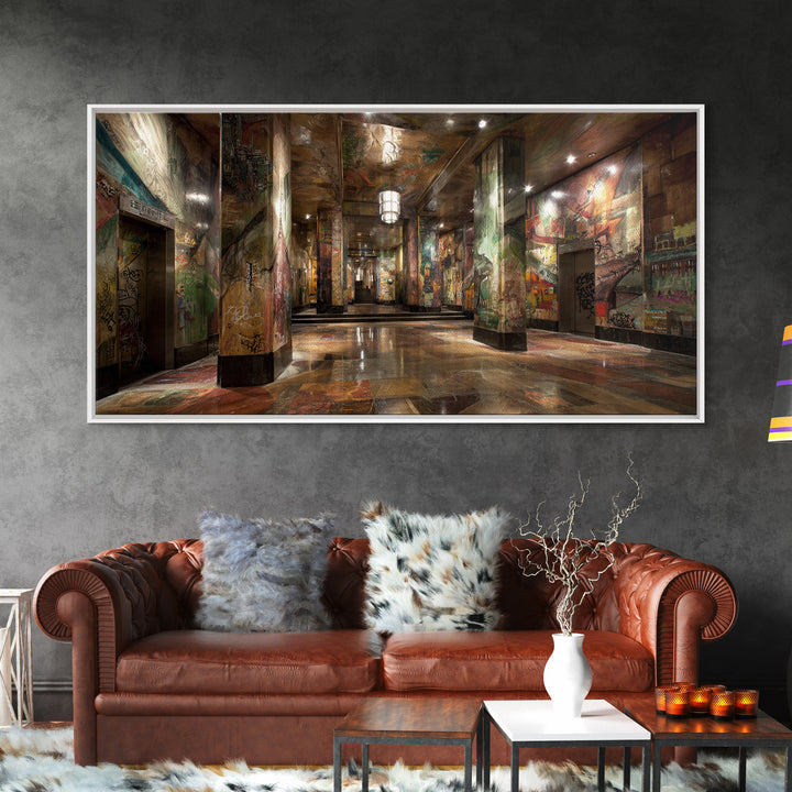 Graffiti Covered Underground Corridor Wall Art, Industrial Urban Canvas Print, Street Art Decor, Edgy Office Wall Decor