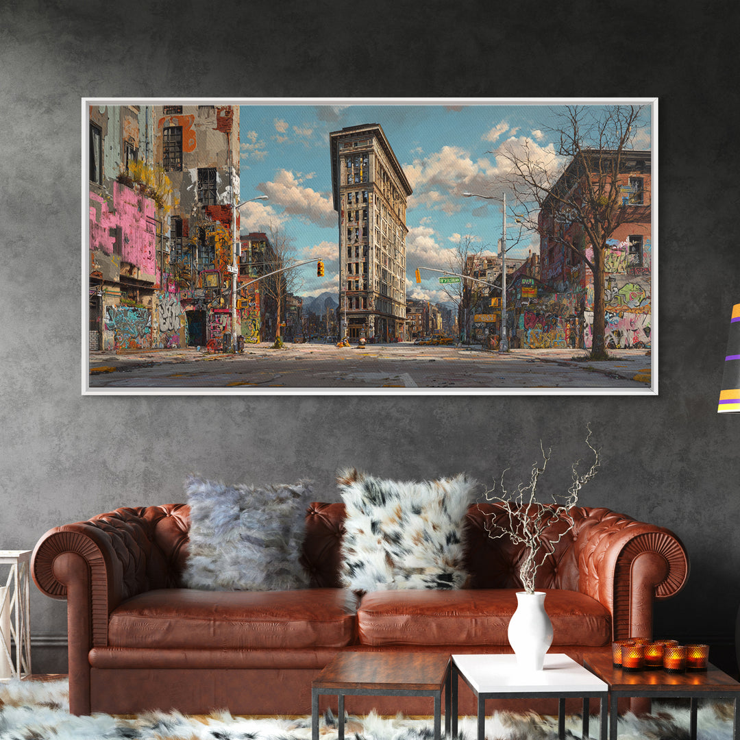 Flatiron City Street Wall Art, Urban Landscape Canvas Print, Graffiti Building Decor, New York Style Apartment Gift For Him