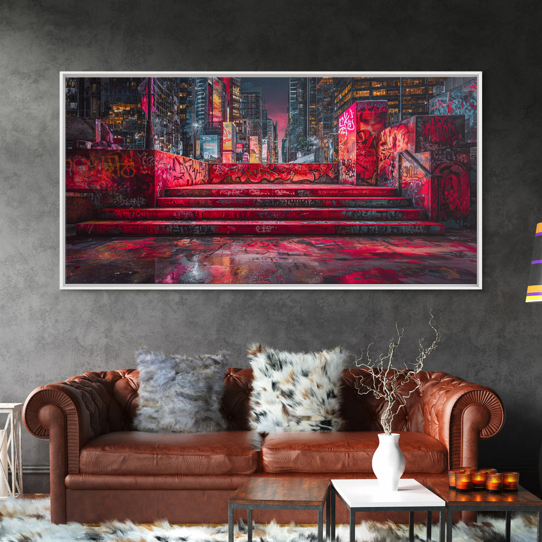 Neon Graffiti City Steps Wall Art, Cyberpunk Urban Street Art Print, Red Futuristic Decor For Gaming Room Or Loft Apartment Home Decor