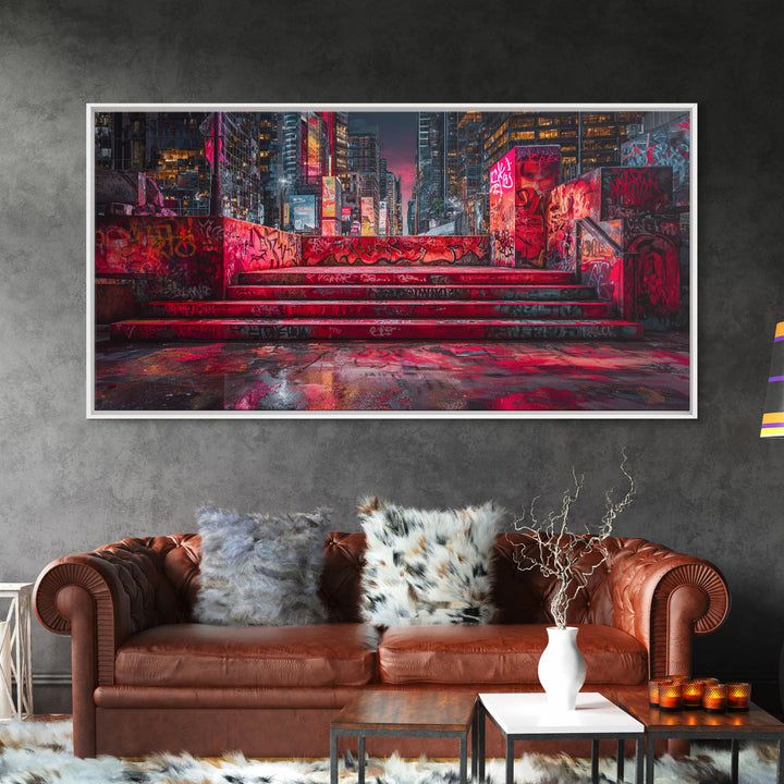 Neon Graffiti City Steps Wall Art, Cyberpunk Urban Street Art Print, Red Futuristic Decor For Gaming Room Or Loft Apartment Home Decor