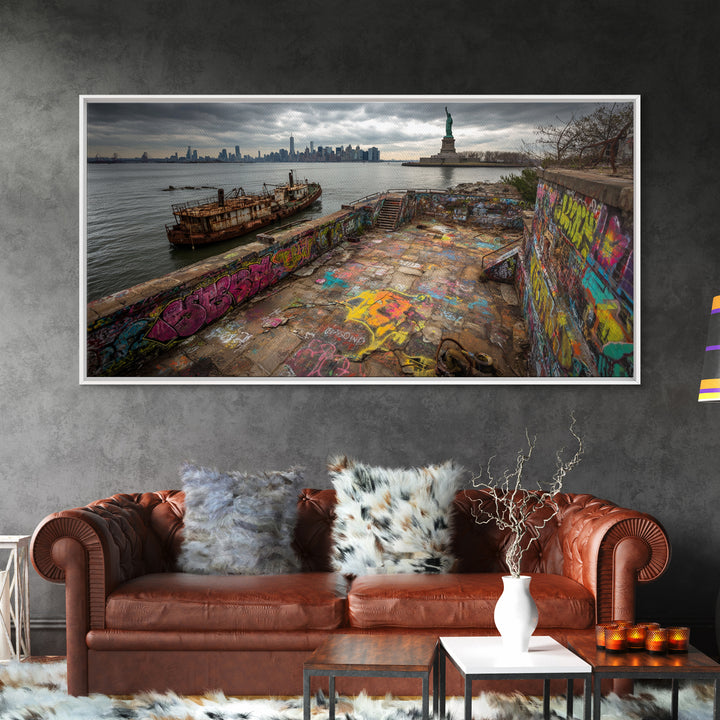 Statue Of Liberty Graffiti Pier Cityscape Wall Art, New York Travel Poster Canvas Print, Urban Coastal Decor, Gift For Him