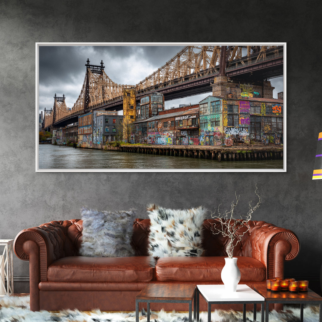 Graffiti Covered City Bridge Waterfront Framed Canvas Print, Urban Wall Art, NYC Art Print, Industrial Office Decor, Travel Poster
