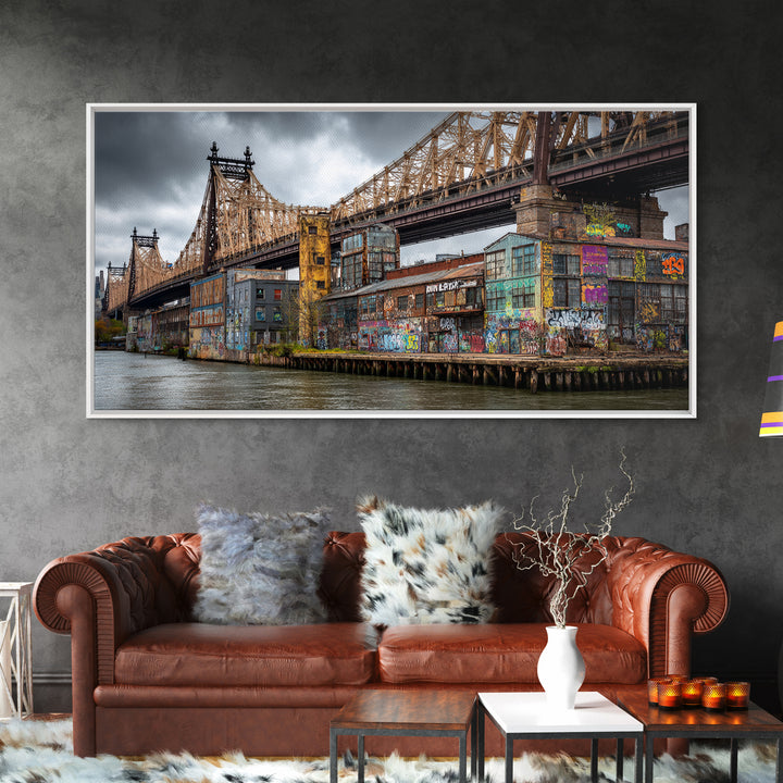 Graffiti Covered City Bridge Waterfront Framed Canvas Print, Urban Wall Art, NYC Art Print, Industrial Office Decor, Travel Poster