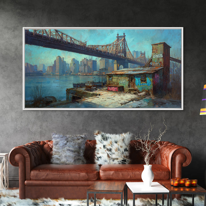 Queensboro Bridge Urban Waterfront Wall Art, NYC Cityscape Canvas Print, Industrial Loft Decor For Office And Living Room Decor