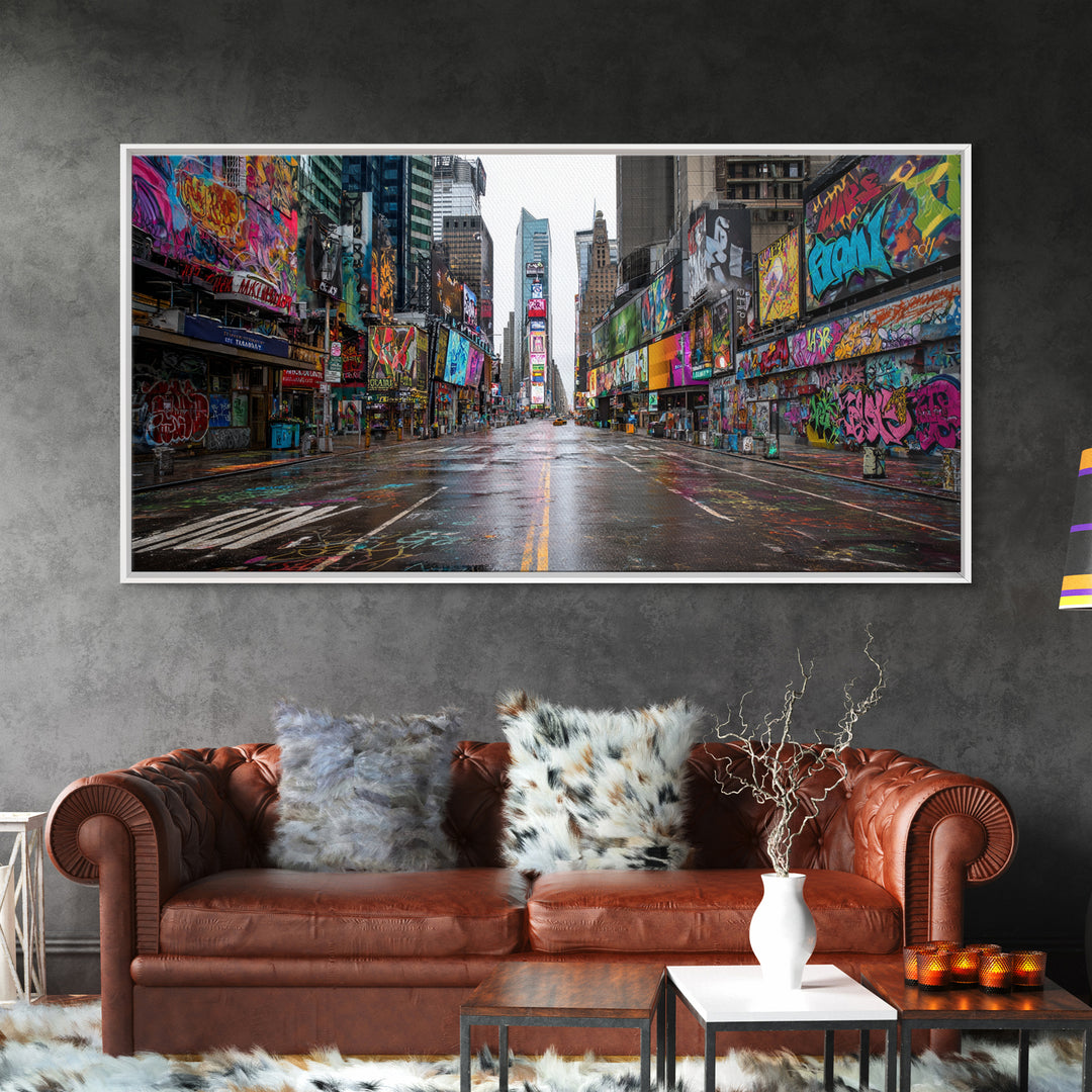 Rainy Neon Graffiti City Street Wall Art, Urban Canvas Print, New York Poster, Street Art Decor, Modern Office Decor, Gift For Him