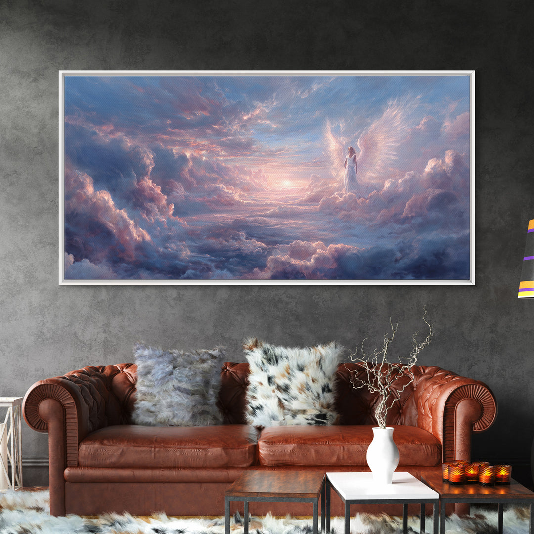 Angel In Pastel Heaven Clouds Framed Canvas Print, Dreamy Celestial Wall Art, Spiritual Sky Home Decor, Serene Gift For Her