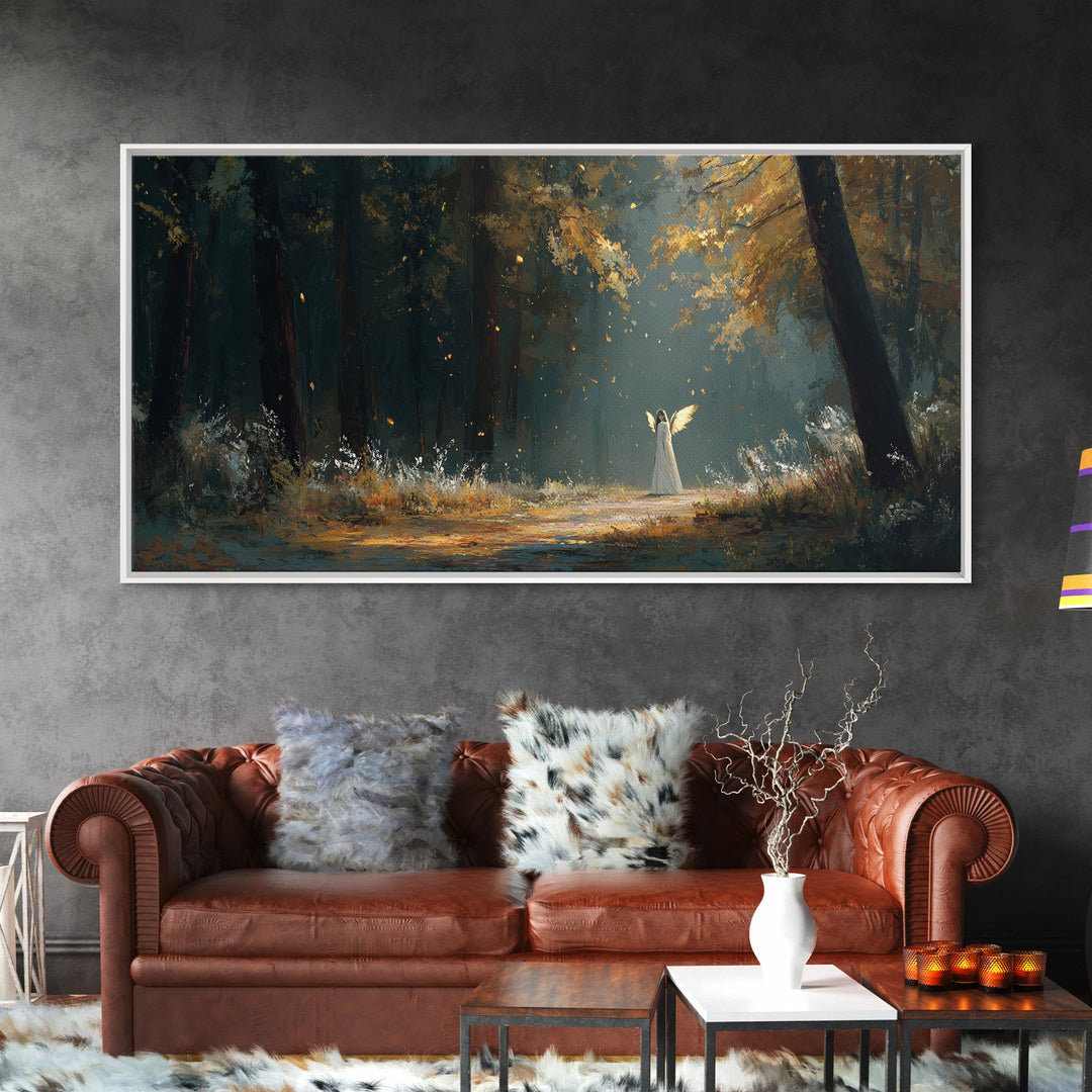 White Figure In Sunlit Autumn Forest Wall Art, Fantasy Landscape Print, Dark Woodland Decor, Mystical Nature Painting, Fine Art Print