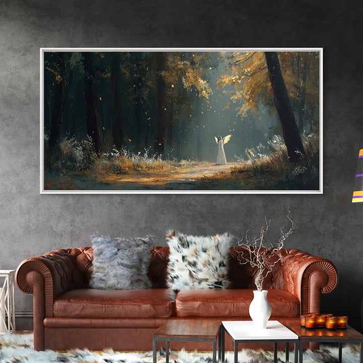 White Figure In Sunlit Autumn Forest Wall Art, Fantasy Landscape Print, Dark Woodland Decor, Mystical Nature Painting, Fine Art Print