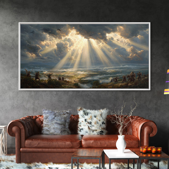 Heavenly Battlefield Canvas Print, Angelic Sun Rays Wall Art, Epic Soldiers Landscape, Christian Home Decor For Living Room