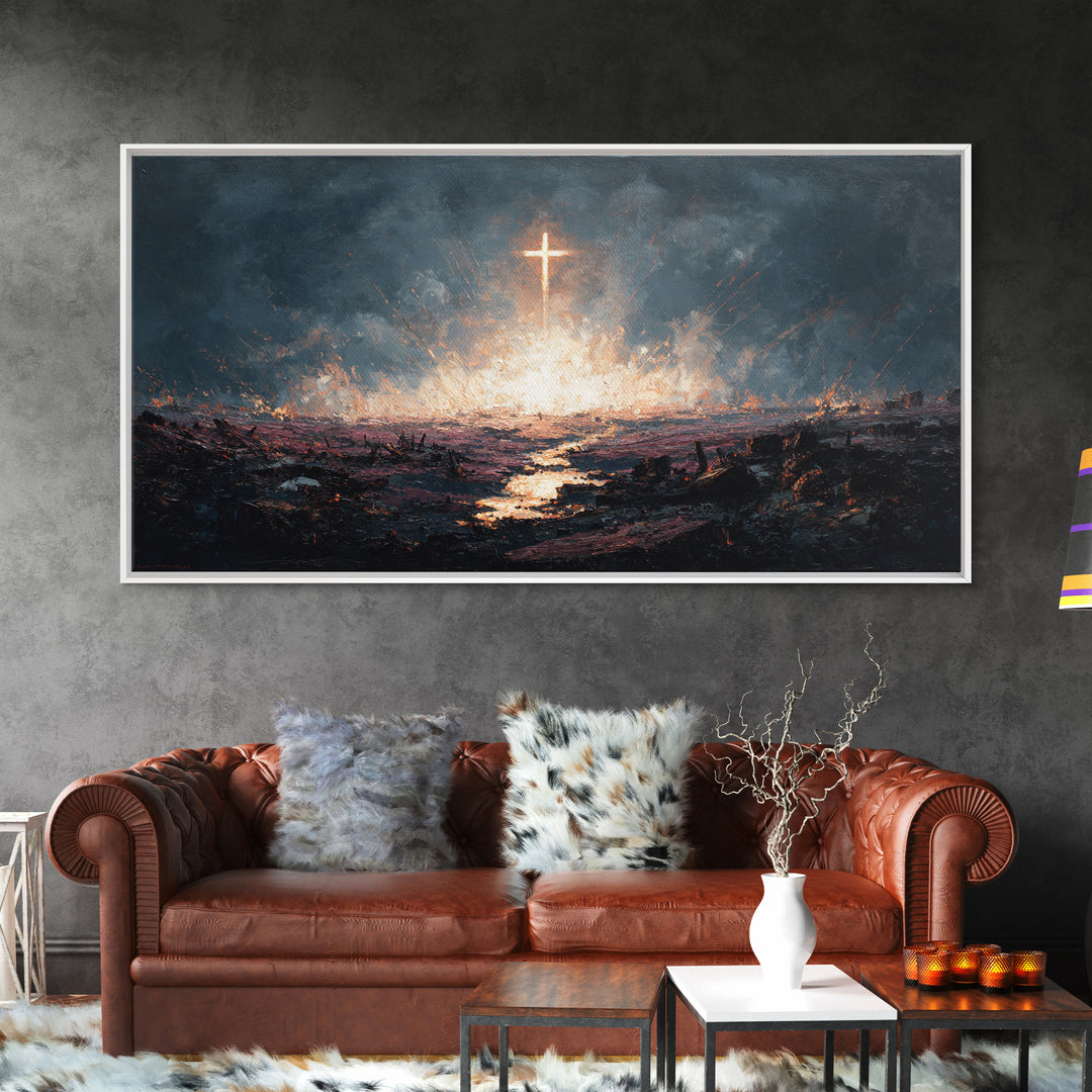 Glowing Cross Over Stormy Battlefield Framed Canvas Print, Christian Wall Art, Dramatic Faith Decor, Prayer Room Gift Idea