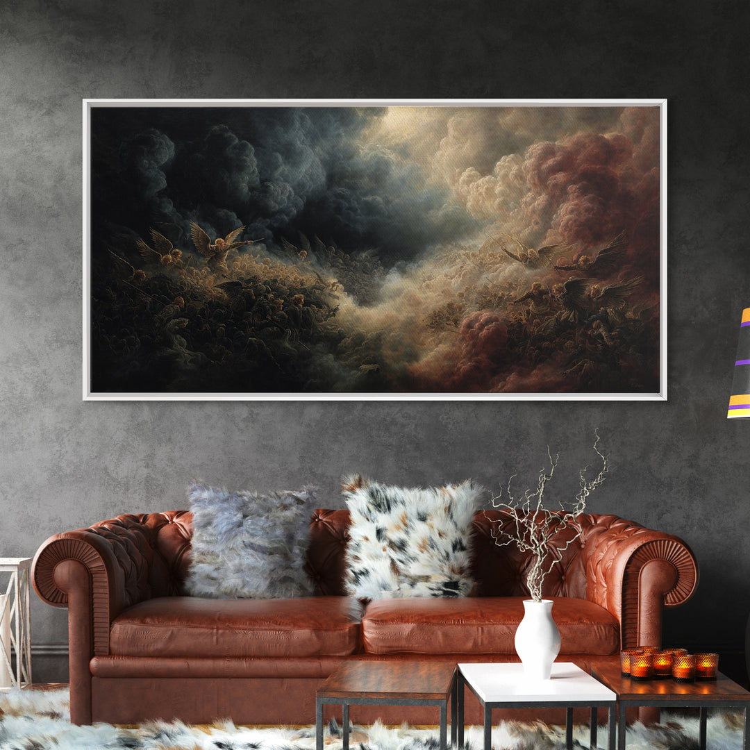 Dark Angel Battle In Storm Clouds Wall Art, Biblical Fantasy Painting, Dramatic Gothic Decor, Religious Fine Art Print Gift