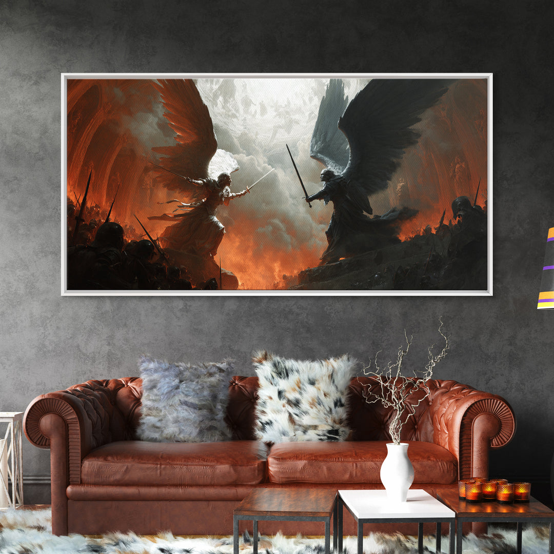 Angels And Demons Battle Wall Art, Dark Fantasy Framed Canvas Print, Epic Gothic Decor For Game Room Or Man Cave Wall Decor