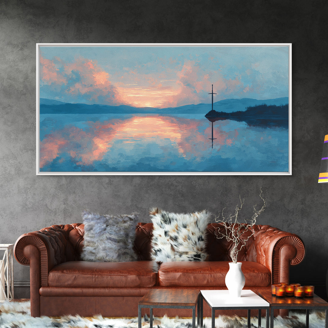 Pastel Lake Sunrise With Quiet Cross Wall Art, Landscape Painting, Christian Wall Decor, Calming Bedroom Art, Nature Gift