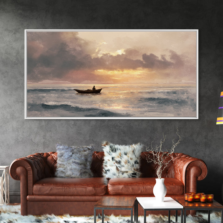 Solitary Fishing Boat At Golden Sunrise Canvas Print, Coastal Wall Art, Ocean Painting, Seascape Decor, Living Room Art Gift