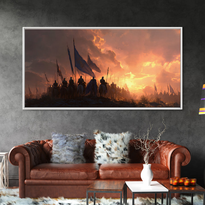 Medieval Cavalry At Fiery Sunset Wall Art, Epic Fantasy Battle Canvas Print, Knight Army Landscape Art, Gift For Him, Man Cave Decor