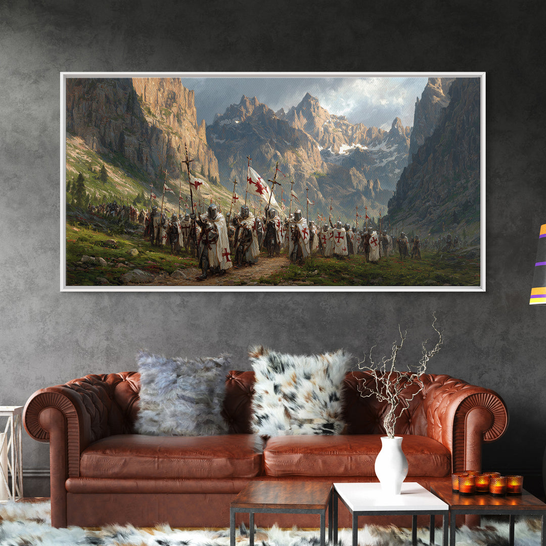 Knights In Mountain Valley Wall Art, Medieval Crusader Canvas Print, Epic Fantasy Battle Decor, Historical Artwork Gift For Him