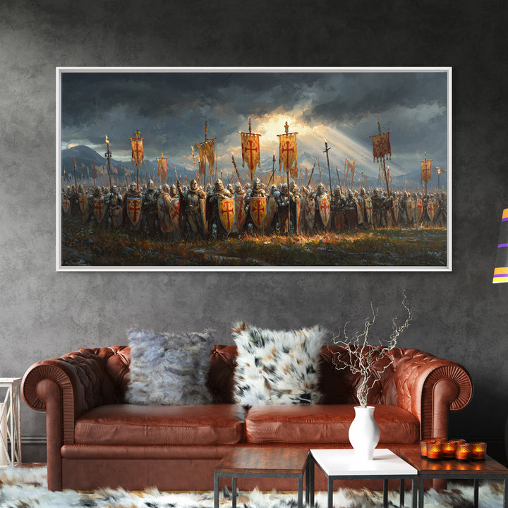 Medieval Knights Army With Red Banners Framed Canvas Print, Crusader Battle Wall Art, Historical Fantasy Decor Gift For Him