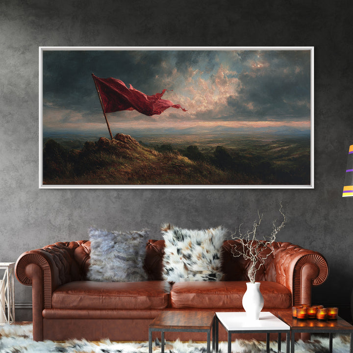 Red Flag Stormy Mountain Canvas Print, Dramatic Landscape Wall Art, Moody Rustic Decor, Patriotic Banner Art Print Gift For Him