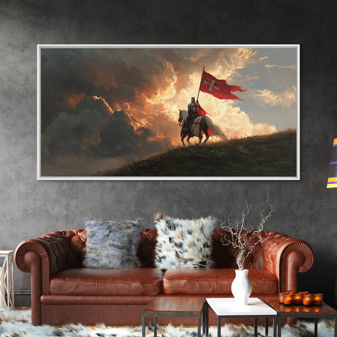 Medieval Knight With Red Banner Wall Art, Fantasy Warrior Canvas Print, Dramatic Battle Scene, Gothic Castle Decor Gift For Him