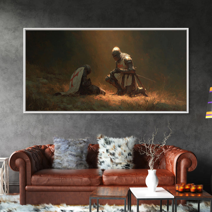 Kneeling Knight Beside Fallen Comrade Wall Art, Medieval Templar Painting, Chivalry Decor, Historical Canvas Print, Gift For Him