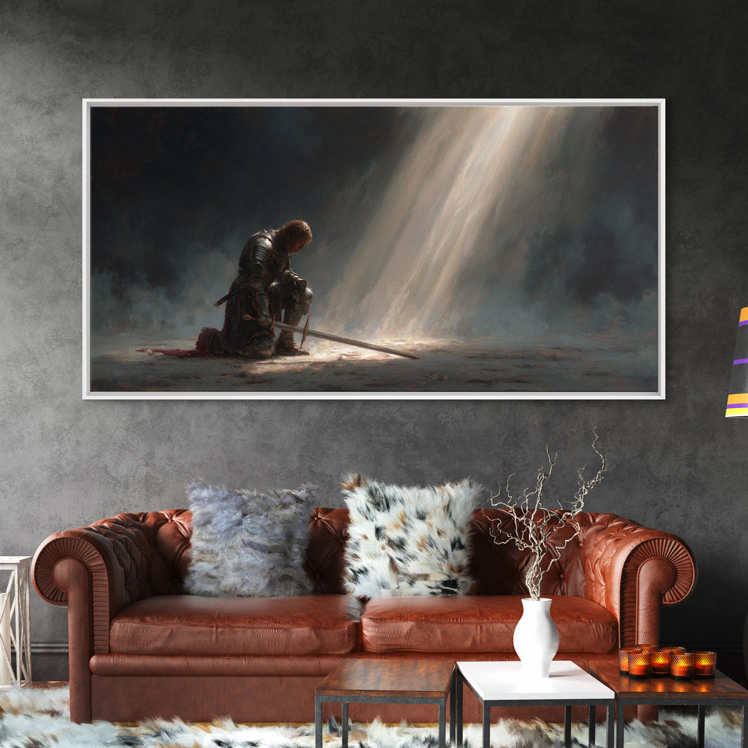 Solitary Knight Kneeling In Divine Light Canvas Print, Medieval Prayer Wall Art, Templar Office Decor, Spiritual Gift For Him