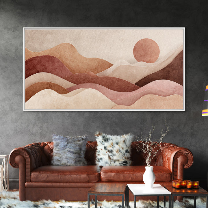 Mauve Terracotta Abstract Mountain Sun Wall Art, Wavy Desert Landscape Canvas Print, Neutral Boho Decor, Large Above Bed Art