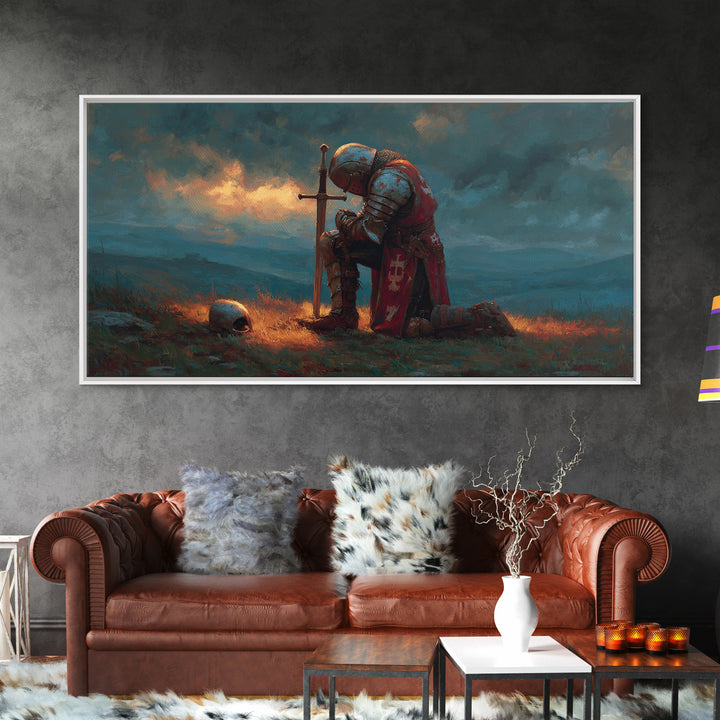 Kneeling Medieval Knight Wall Art, Moody Fantasy Framed Canvas Print, Sword And Skull Decor, Masculine Office Art Gift For Him