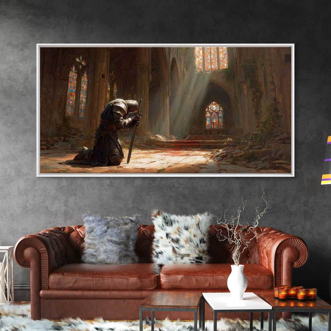 Kneeling Knight In Ruined Cathedral Wall Art, Medieval Fantasy Canvas, Stained Glass Chapel, Dark Academia Home Decor Gift