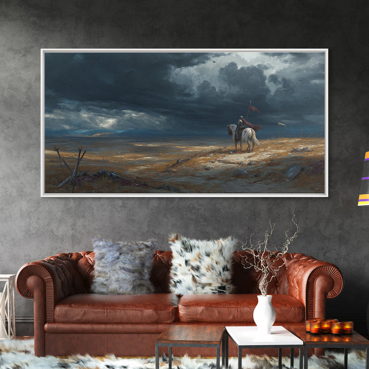 Lone Western Rider Storm Landscape Wall Art, Moody Prairie Horse Canvas, Rustic Cowboy Decor, Dramatic Frontier Print, Gift