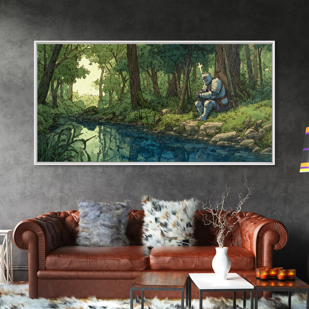 Pixel Knight Resting By Forest Stream Wall Art, Fantasy Canvas Print, Woodland Landscape, Kids Room Decor Gamer Gift For Him