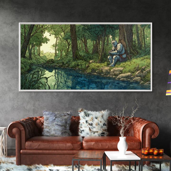 Pixel Knight Resting By Forest Stream Wall Art, Fantasy Canvas Print, Woodland Landscape, Kids Room Decor Gamer Gift For Him